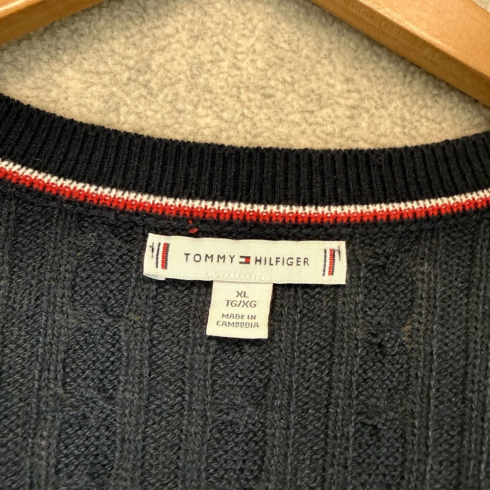 Tommy Hilfiger Women Cable Knit Pullover Sweater Masters Navy Ribbed V-Neck XL - Picture 3 of 7
